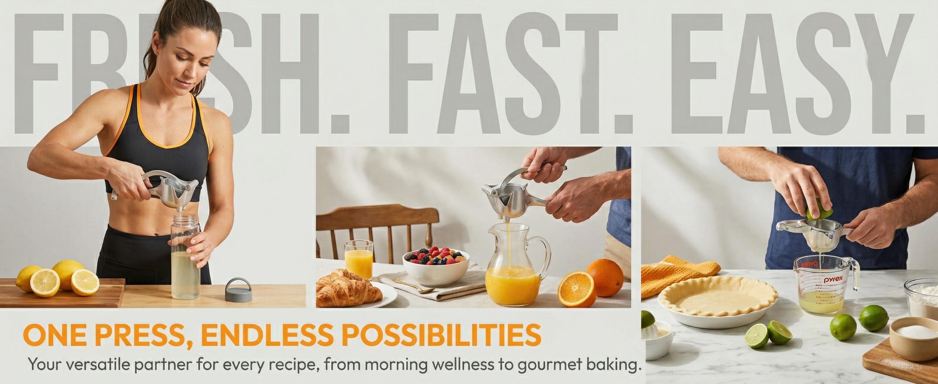 Elevate Your Kitchen with Our Premium Manual Juicer. It features an ergonomic comfort grip handle, durable aluminum construction, and mess-free juicing for oranges, lemons, limes and more. A sophisticated, electric-free essential for healthy living.