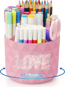 Bling Desk Organizer Glitter Love Rhinestone Rotating Pencil Pen Holders For Desk Diamond Patterned Pen Organizer With 5 Compartments Stylish Desk Accessories For Office School Home 360 Rotating