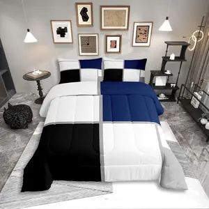 Feelyou Comfy Microfiber Bedding Set - Breathable Duvet Set for Adults with Black-White Abstract, Navy Blue Striped Grid and Modern Art Patchwork Comforter, Comfy Bedding Set