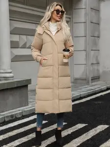 New Winter Knee-Length Hooded Cotton Woven Coat, Thickened Long Fitted Jacket for Women, Warm Casual Outerwear, Ideal for Cold Weather, Womenswear, Garment