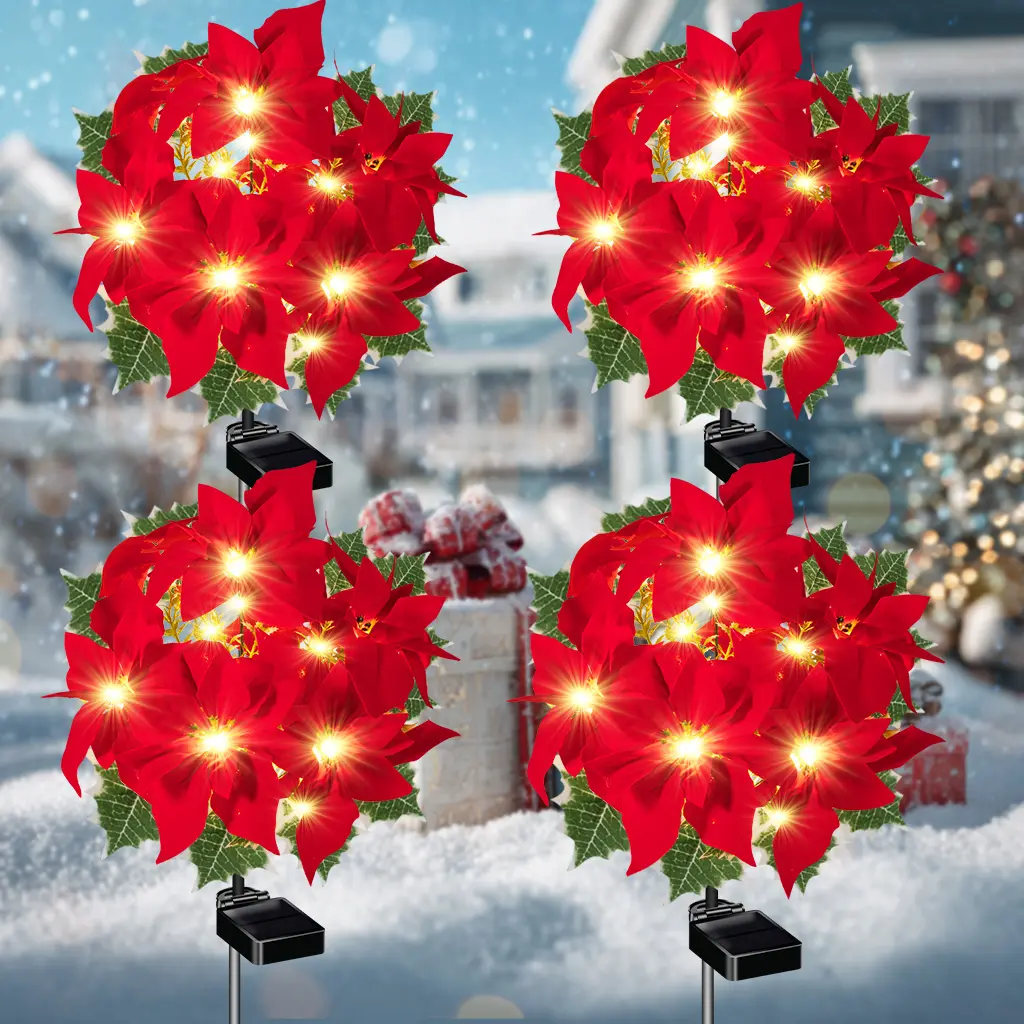 4-Pack Solar Red Flower Outdoor Waterproof Lights 7-stem Flower Light Decorations for Garden Courtyard Party Independence Day Gift Decorations