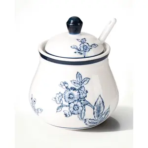 Ceramic sugar bowl with lid and spoon, 11 oz sugar container for coffee bar, blue and white sugar jar dispenser with flowers and branches