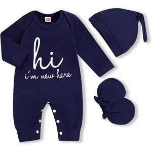 P-GCS012    Newborn Baby Boy Romper Coming Home Outfits Letter Print Bodysuit Jumpsuit+Hat+Gloves 3PCS Clothes Set