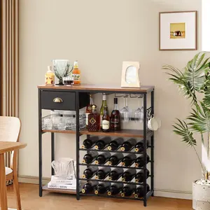 Freestanding Floor Wood Wine Bar Rack Cabinet, Morden Wine Storage Shelf with Countertop, Coffee Bar with 20-Bottle Stackable Wine Glass Holder for Home Bar Kitchen Dining Room