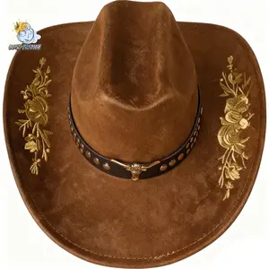 Women Men Embroidery Cowgirl Hat Wide Brim Cattle Head Belted Wool Hat Felt Jazz Cap for Party