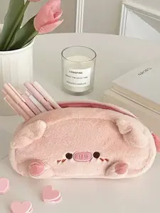 Cute Cartoon Plush Pig Pencil Case, Large Capacity Student Stationery Storage Bag, Anime Style School Supplies Organizer