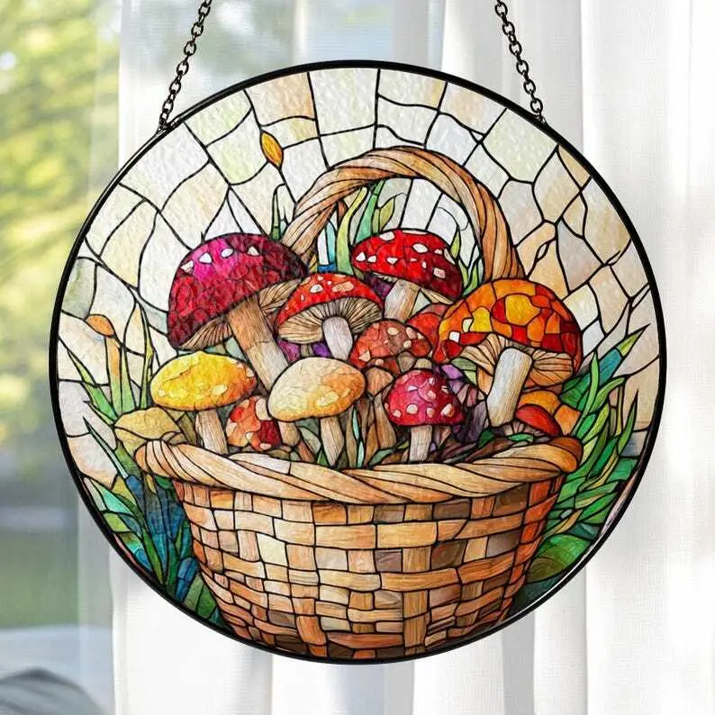 Mushroom Suncatcher, Stained Glass Mushrooms Cottagecore Home Decor, Birthday Gift For Her Mom Grandma, Fly Mushroom Moon Window Hanging Art