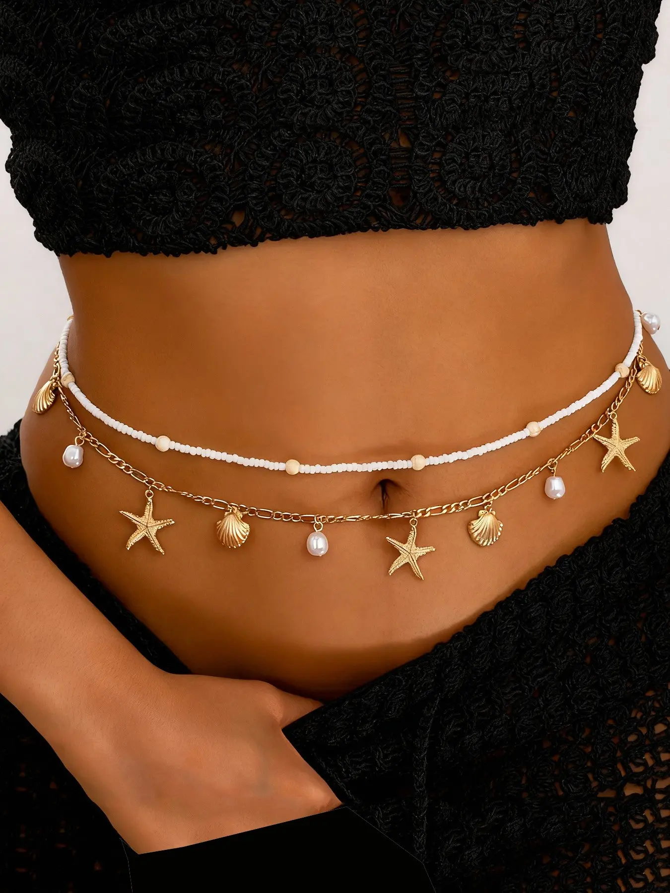 Starfish Pearl Belt with Shell Latch - Women's Mermaid Shell and Starfish Pearl Belt - Bikini Beach Waist Chain - Suitable for wearing at dancing parties, summer beach bikinis, etc. For graduation gifts at Coachella Music Festival or other occasions.