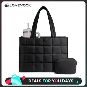 LOVEVOOK Tote Bag for Women, Puffer Work Handbag 15.6 Inch Laptop Purse for Nurse Teacher, Large Quilted Travel Tote Shoulder Bag with Zipper for College Office Clinical Gym, Khaki DealsForYouDays