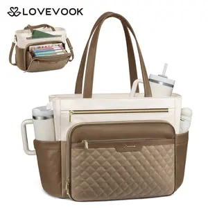 LOVEVOOK Teacher Tote Bag with Accordion File Pocket, Soft PU Leather Work Briefcase Quilted Laptop Bag with Large Cup Holder