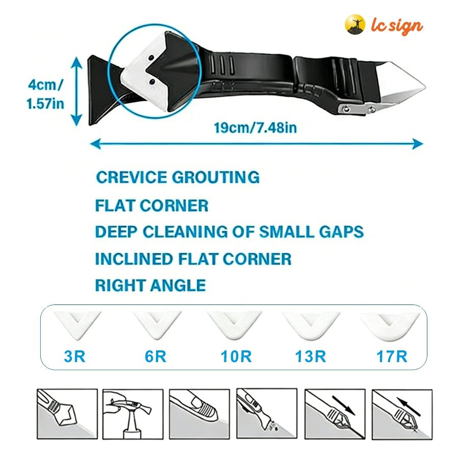 LC SIGN 3-in-1 Silicone Caulking Tool & Grout Removal Scraper, Stainless Steel Sealant Finishing Tool with 5 Replaceable Pads for Bathroom & Kitchen