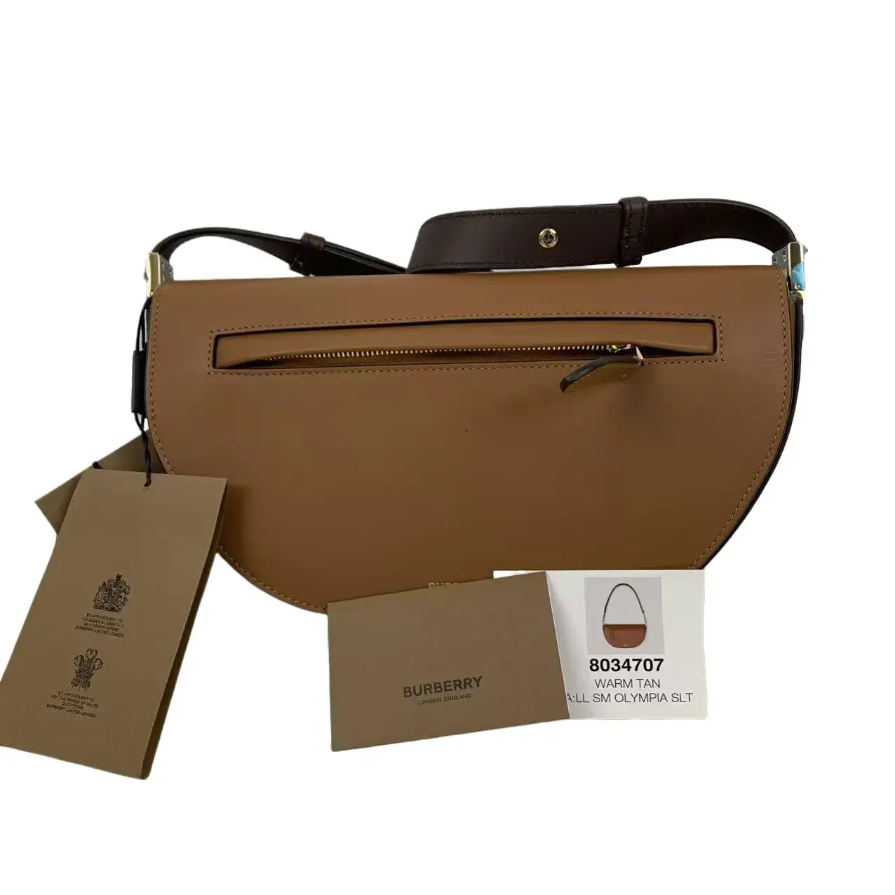 Pre-owned BURBERRY Tan Smooth Leather Saddle Shoulder Bag Crossbody Bag with Adjustable Wide Leather Strap, Full Set with Original Tags & Booklet, Minimalist Classic Neutral Design, Commuter Styling, TKB00000271