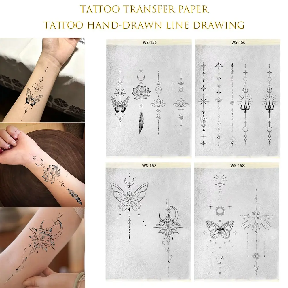 Pre-drawn tattoo transfer paper — featuring single-needle line tattoo stencils of sun, moon, butterfly, lotus flower, and more. A4 size Sheet, easy-to-use temporary tattoo supplies, perfect for DIY tattoos.