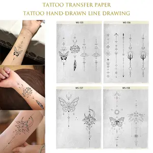 Pre-drawn tattoo transfer paper — featuring single-needle line tattoo stencils of sun, moon, butterfly, lotus flower, and more. A4 size, easy-to-use temporary tattoo supplies, perfect for DIY tattoos.