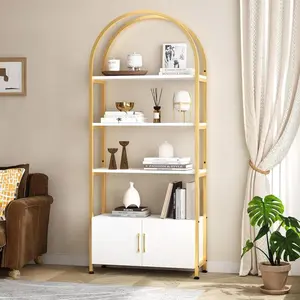 Arched Bookshelf, Bookcase with Doors Storage, 71.5 Inches Tall Industrial Book Shelf with Sturdy Metal Frame and Quality Boards, Freestanding Display Shelving (Gold)