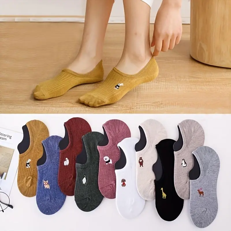 Women's Cartoon Embroidered Ankle Socks, 10 Pairs, Soft Breathable Portable Design, Ideal for Daily Wear & Travel Adventures, Socks For Women, Lady, Basic, Mixed Color 10Pairs, Sock Sets