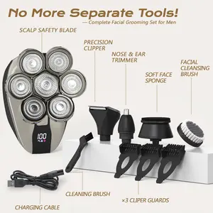 TOGBEUT 5-in-1 Electric Razor for Bald Men IPX7 Waterproof Shaving Grooming Kit with 7D Floating Blades LED Display Rechargeable Shaver