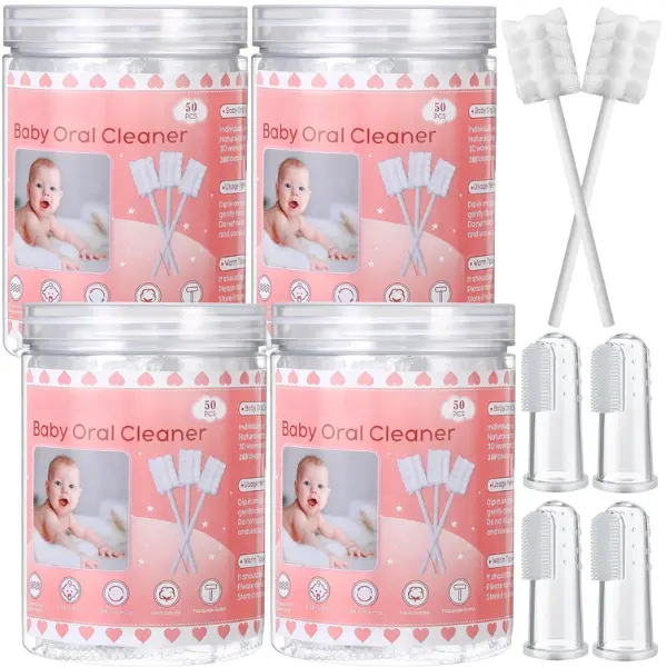 Pink Disposable Baby Oral Care Kit - 200 Natural Portable Low-Rectangle Baby Tongue Cleaners, 4 Soft Gauze Finger Toothbrushes for Newborns & Infants Dental Care, Soft Bristle, 0 - 3 Months, 360 Degree, 19 X 19 X 16 Cm, 712G, Gentle