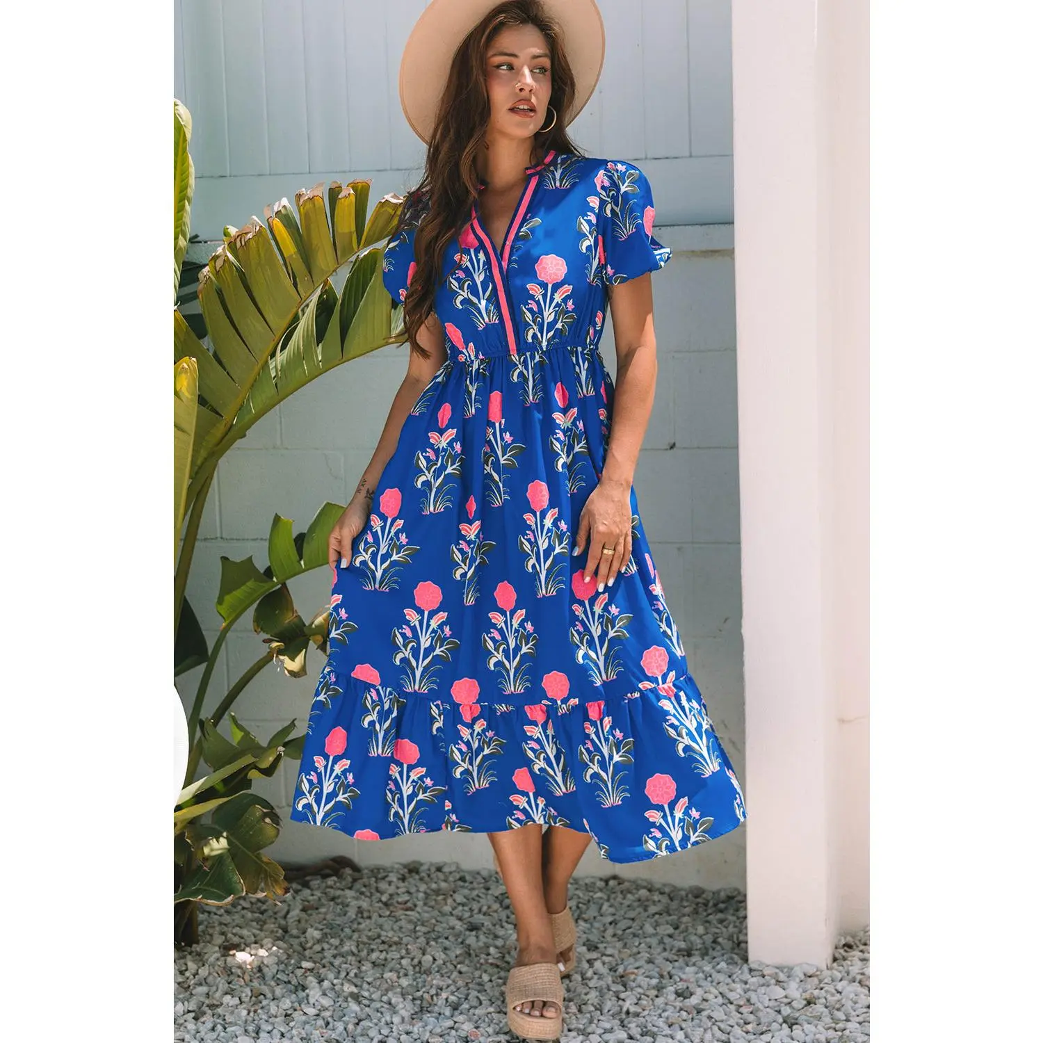 Sky Blue Floral Puff Short Sleeve V Neck High Waist Maxi Dress