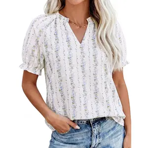 PrettyGarden Summer Short Sleeve V Neck Cotton Shirts for Women Trendy Floral Print Loose Ruffle Tops Business Casual Blouses