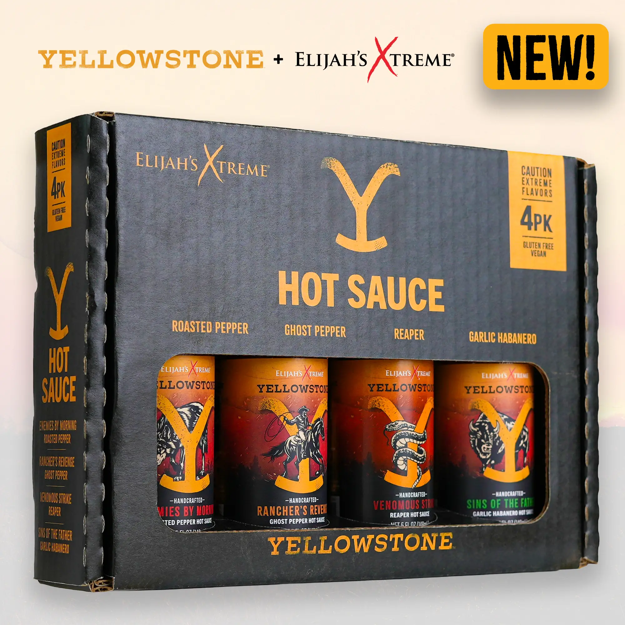 Elijah's Xtreme + Yellowstone Hot Sauce Variety Pack 4 Bottle Gift Set with Garlic Habanero, Ghost Pepper, Carolina Reaper, & Roasted Jalapeno, Vegan