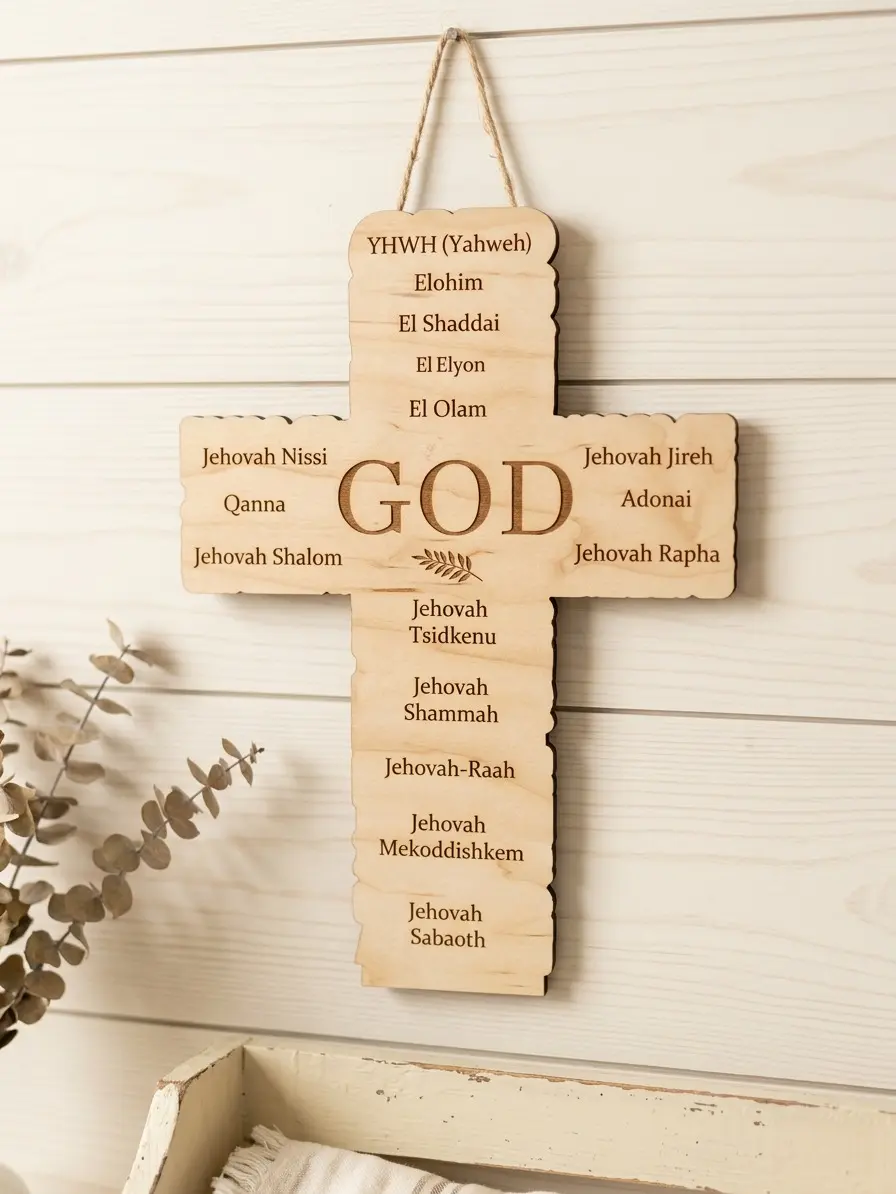 Names of God Engraved Wood  Cross