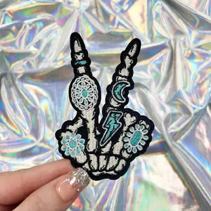 Skeleton Hand with Turquoise Rings Embroidered Patch Iron-On for Hats