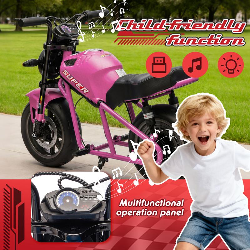 Treaded Fun Nook,24V XL Electric Ride-On Motorcycle for Kids 6+, Electric Mini Kids Dirt Bike, 300W High-Speed Motor, Dual Suspension, 14in EVA Wheels, Twist Throttle, Music & Lights