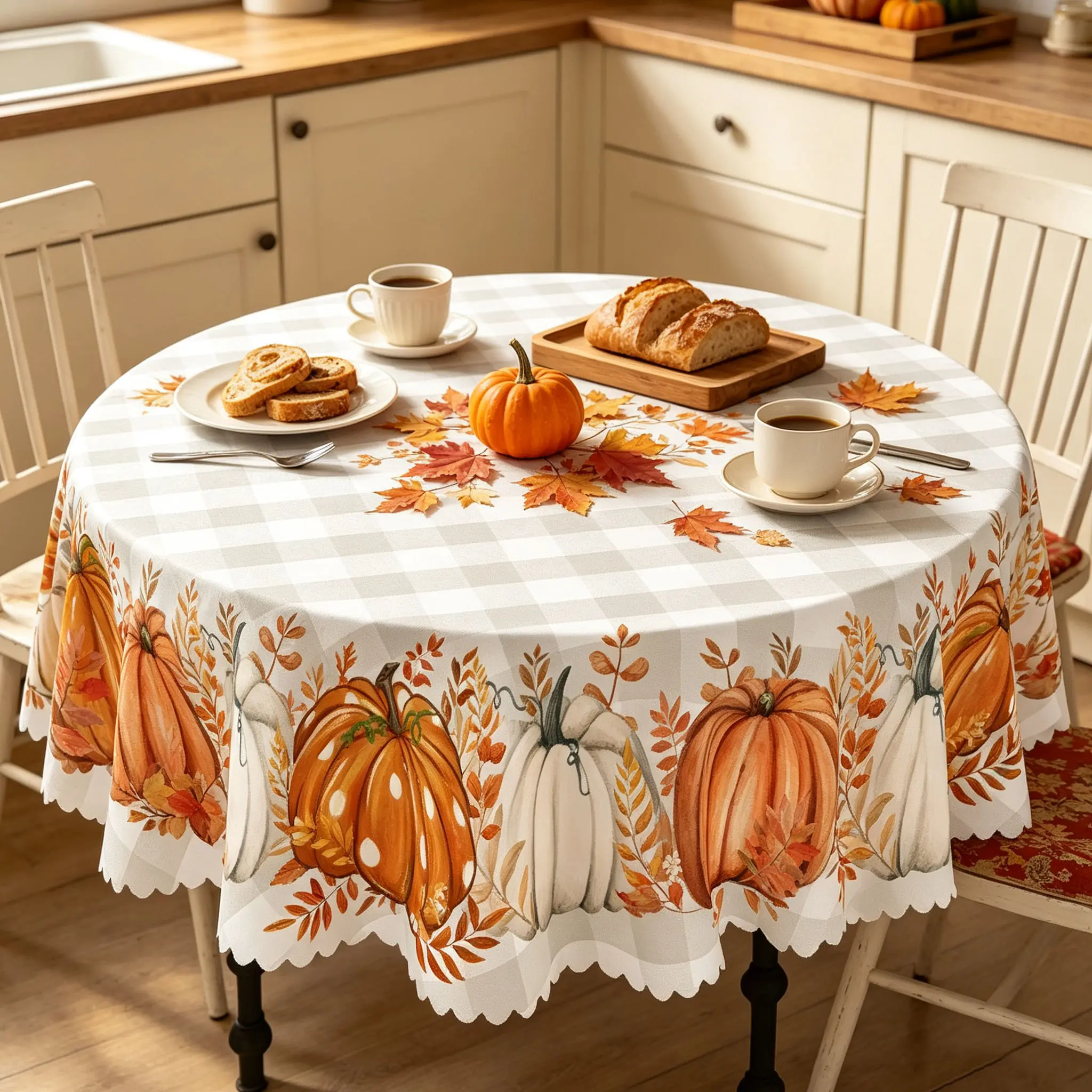 KOPOEELK Autumn Pumpkin Tablecloth with Orange White Pumpkin, Fall Leaves and Beige Gingham Patterns, Round Rectangular Table Cover for Thanksgiving Dining, Fall Harvest Party Kitchen Decor