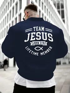 Men's Jesus Pattern Casual Stand Collar Jacket Sweatshirt, Fall Fashion Zipper Coat, Windproof Warm Knitwear for Men