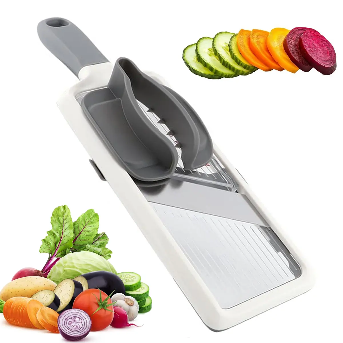 Mandoline Slicer for Kitchen – Adjustable Stainless Steel Blades, with Comfort Grip – Vegetable Slicer for Small to Medium sized Cucumber, Onion, Potato – Gray