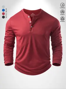 Men's Fall Winter Long Sleeve Sport Shirt, Athletic Sports Clothing, Casual Comfortable Round Neck Henley, Adjustable Collar, Multiple Colors Available