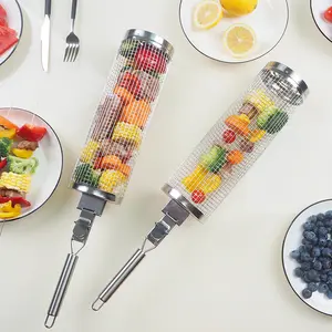 Multifunctional Cylindrical Rolling Barbecue Basket Portable Outdoor Camping Barbecue Cage for Easy Grilling