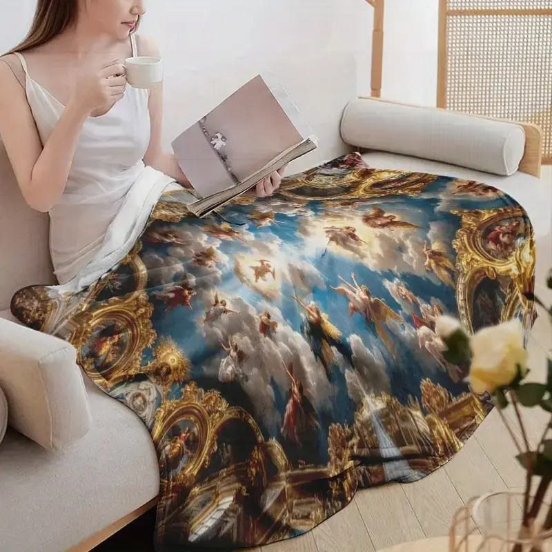 Elegant Baroque Ceiling Art Angel Saint Golden Dr Fleece Blanket Soft Cozy Warm Printed Fleece Suitable for Home Office Car Camping All Seasons Multifunctional Nap Gift for Family Friends Holiday