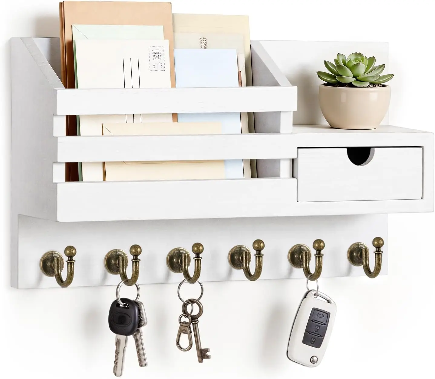 Fifthquarter Key Holder Wall Mount: Key and Mail Holder for Wall with 6 Hooks and Storage Drawer, Easy Installation Key Rack for Entryway Home Decor (A-White) FifthQuarter