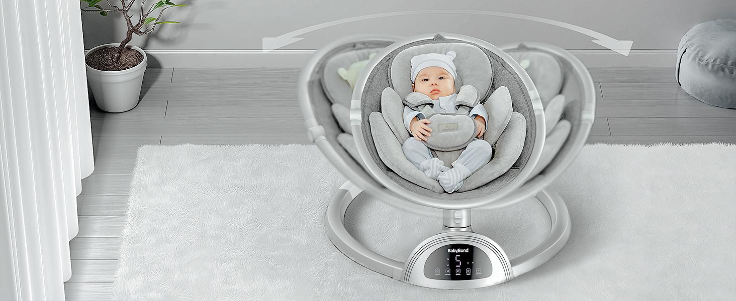 BabyBond Bluetooth Baby Swing for Boys & Girls, Remote Control , 5-Point Harness, 5 Sway Speeds & 10 Lullabies, Portable Swing for Infants, Indoor/Outdoor Use - Grey Baby Rocker for Toddler, Ideal Christmas Gifts for Babies