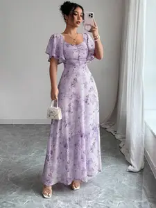 Summer New Arrival European and American Style Printed Butterfly Ruffle Sleeve Slim Fit Dress with Lining, Elegant Cross-Border Export Clothing