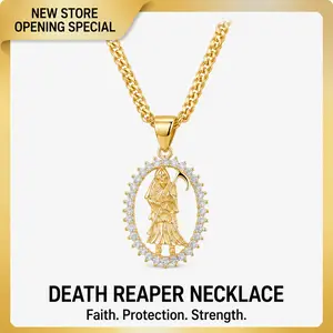 【AMKMAX】Grim Reaper Pendant Necklace for Men & Women, 14K Gold Plated Iced Oval Halo Pendant, CZ Stone Chain, Gothic Streetwear Jewelry Gift
