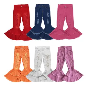 Trendy Girls' High Waist Distressed Jeans - Adjustable Waist, Durable Denim Kids Pants