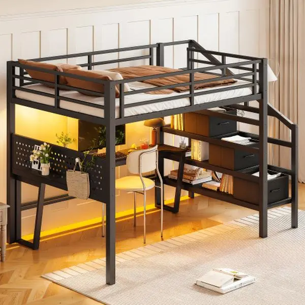 Bellemave Full Size MDF-Metal Loft Bed Frame with Storage Stairs, 3 Fabric Drawers, Movable USB-Equipped Table, LED Lights, Full-Length Guardrail, Nail Board, Modern Design for Full Mattress (Requires Assembly)