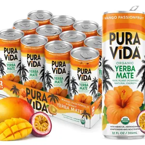 Pura Vida Yerba Mate Mango Passionfruit Drink – Organic Energy Beverage with Hibiscus & Ashwagandha – Low Calorie Plant-Based Yerba Mate Drink