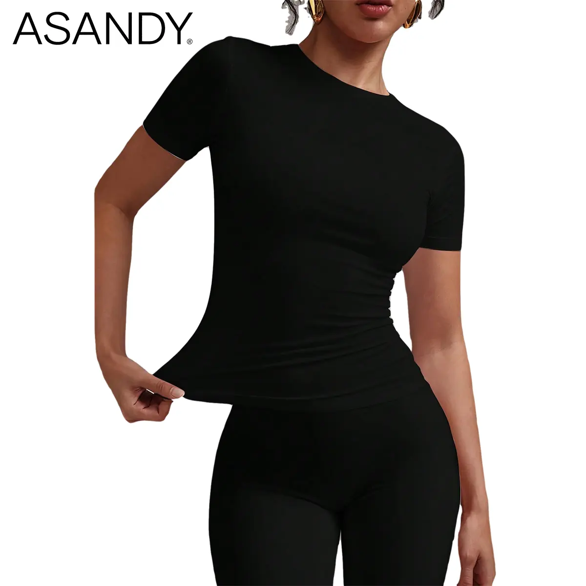 ASANDY Women's Slim Fit T-Shirt, 4-Way Stretch Double Layer Crew Neck Top for Layering, Gym Workouts, and Everyday Wear, Casual Ootd