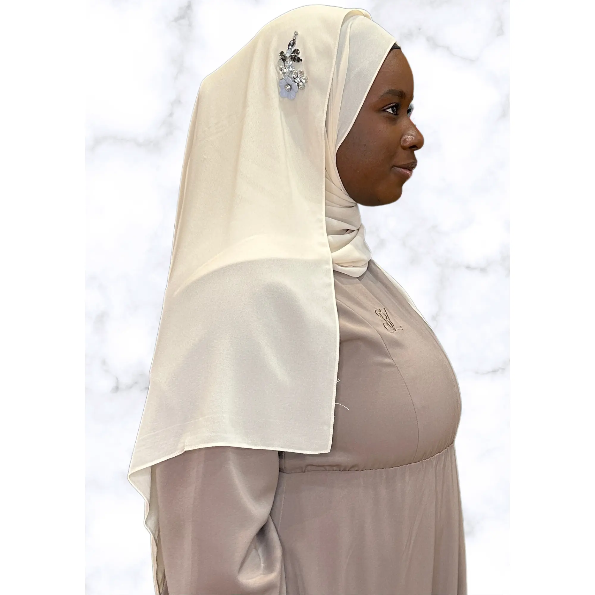 Crème Dragonfly Encrusted Hijab in Cream - Comfortable Fit with Decorative Elements