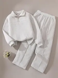 Girls' 2-Piece Fleece-Lined Casual Set, Zipper Design Long Sleeve Sweatshirt & Elastic Waist Sweatpants, Warm Comfortable Fall Winter, Fashion Clothes Set, Sweatshirt Sets