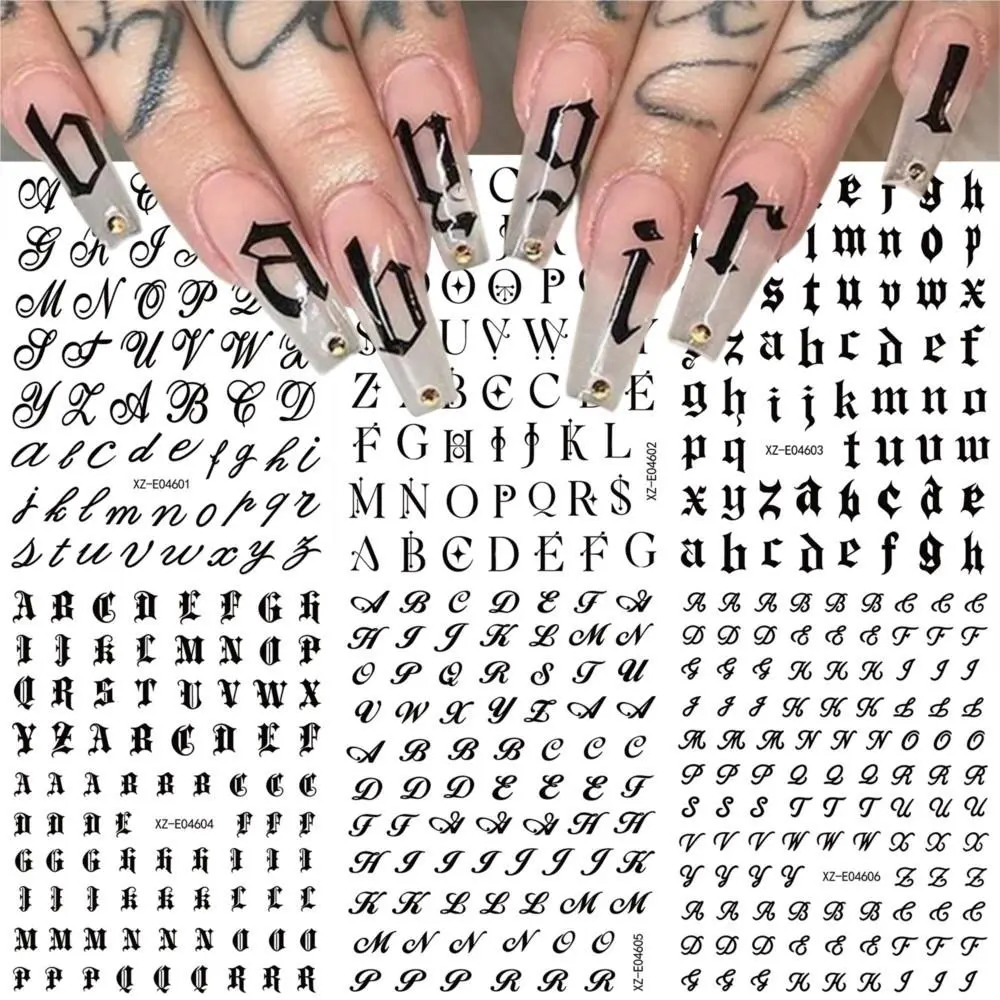 6pcs/set Black Gothic 26 English Letter Nail Stickers 3D Retro Old Alphabet Nail Decals Self-adhesive English Letter Nail Decora