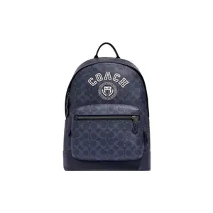 COACH West 32 Classic Monogram Zip Leather Backpack for Men, Denim Blue and Chalk White