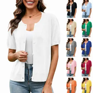 VIISHOW Women's Elegant Minimalist Summer Lightweight Short-Sleeve Knitting Fabric Cardigan, Crochet Knit Open-Front Crew Neck Button-Up Casual Shrug Top
