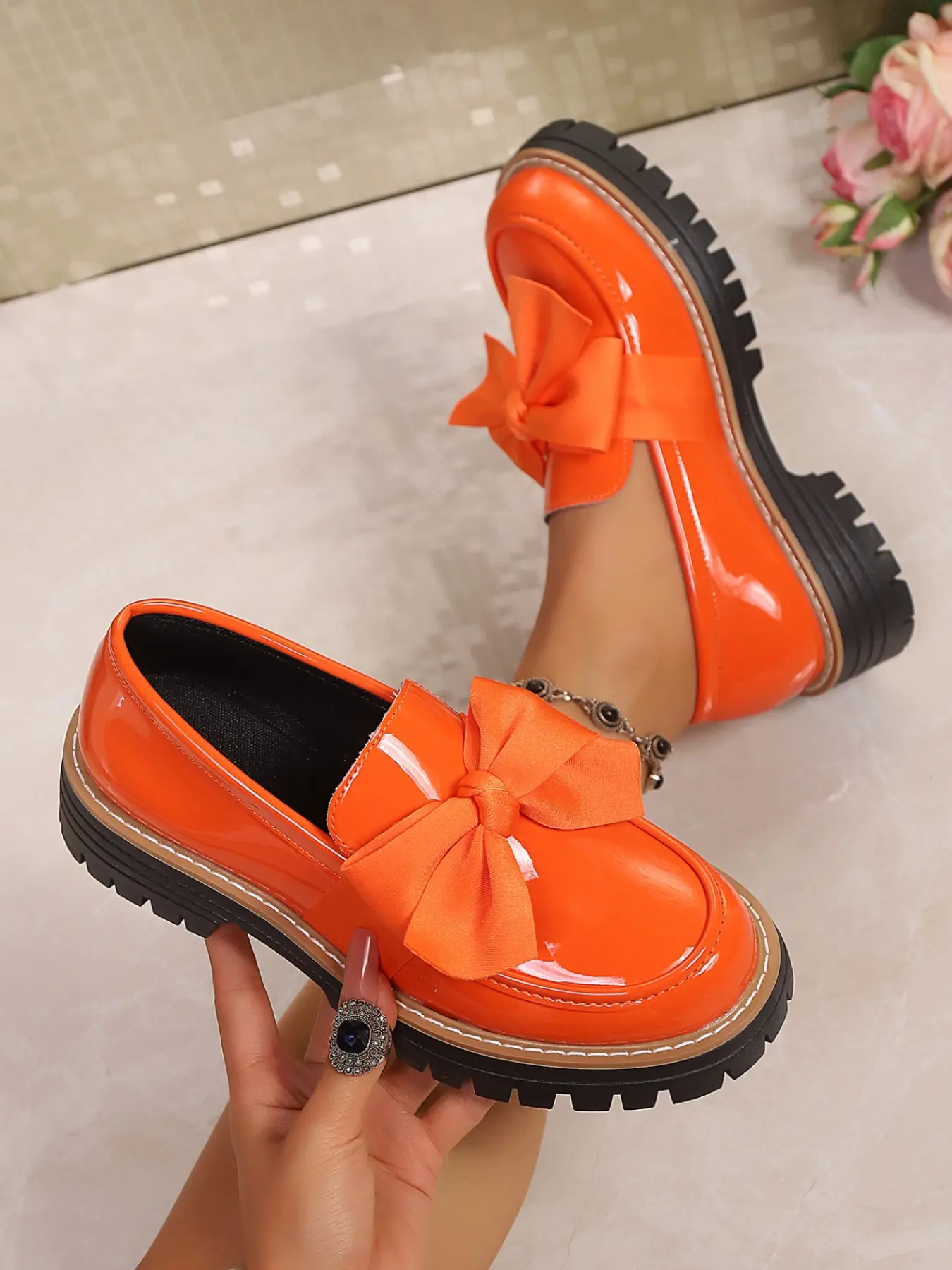 Women's Bowknot Thick Sole Loafers Flatform, PU Leather Shoe, Stylish Footwear for Everyday Wear, Comfortable and Trendy Design, Perfect for Casual, Casual Summer Shoes