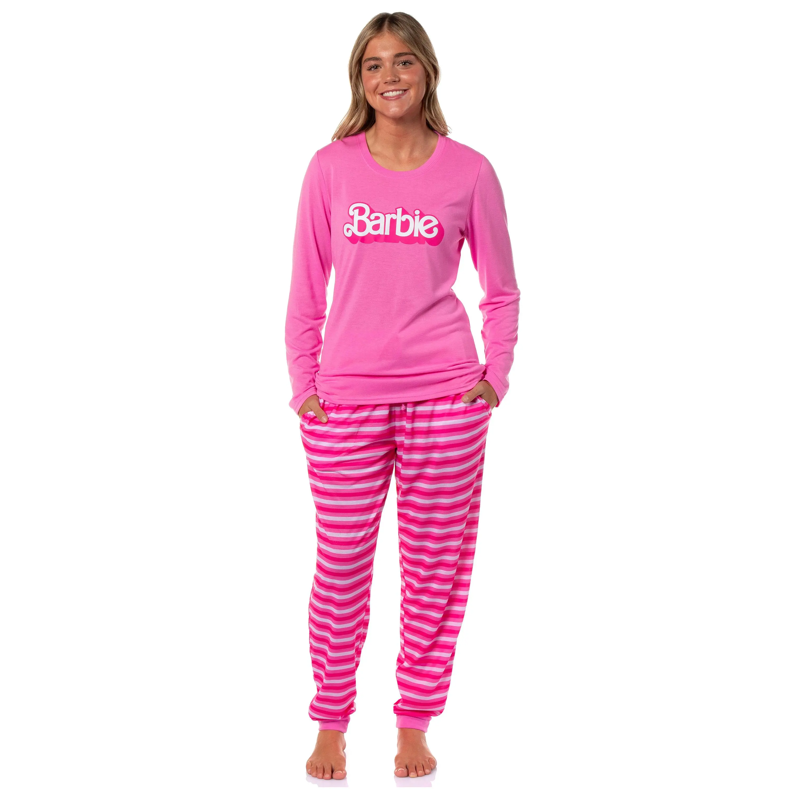 Barbie Women's Classic Retro Logo 2-Piece Long Sleeve Sleepwear Jogger Pajama Set Loungewear Barbie Women's Classic Retro Logo 2-Piece Long Sleeve Sleepwear Jogger Pajama Set Loungewear