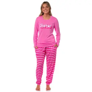 Barbie Women's Classic Retro Logo 2-Piece Long Sleeve Sleepwear Jogger Pajama Set Loungewear Barbie Women's Classic Retro Logo 2-Piece Long Sleeve Sleepwear Jogger Pajama Set Loungewear